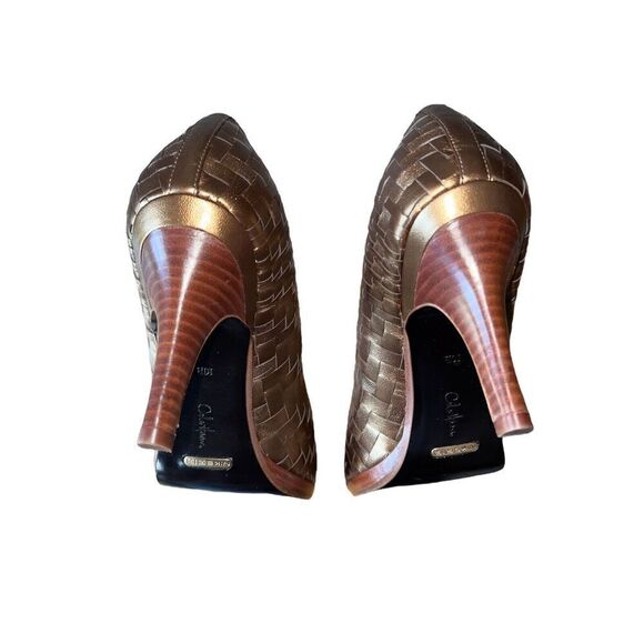 Cole Haan Gold Basket Woven Leather Peep Toe Pumps Womens Sz 10 GREAT CONDITION - Picture 8 of 10